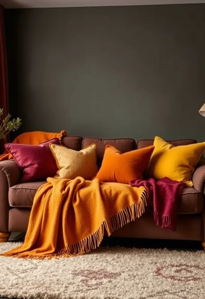 19 Dark Earthy Living Room Ideas That'll Make You Feel Right at Home! - 15. Colorful Throws and Pillows