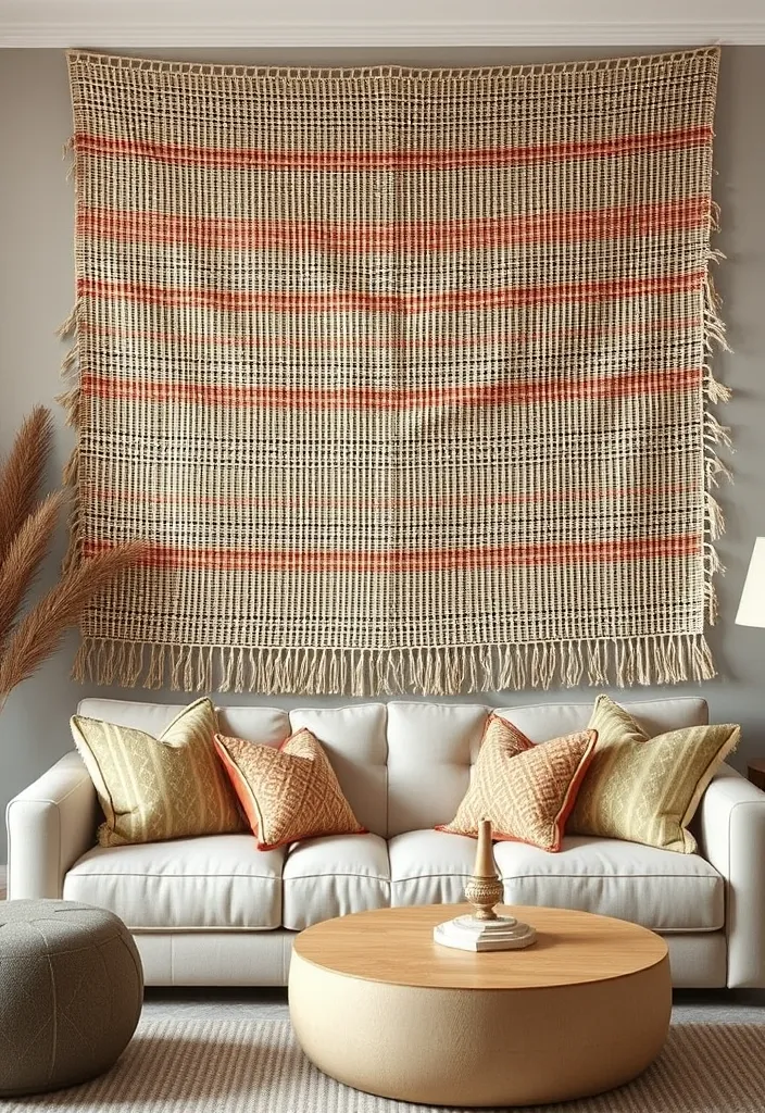 19 Large Wall Behind Couch Decor Ideas That’ll Transform Your Living Room! - 11. Large Fabric Wall Hanging