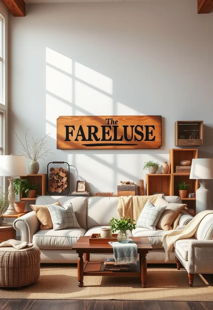 19 Large Wall Behind Couch Decor Ideas That’ll Transform Your Living Room! - 13. Rustic Farmhouse Style