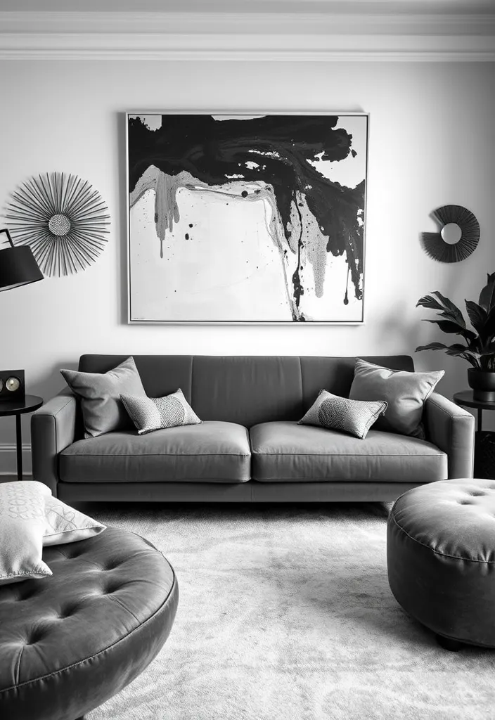 19 Large Wall Behind Couch Decor Ideas That’ll Transform Your Living Room! - 16. Monochrome Magic