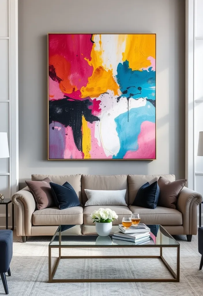 19 Large Wall Behind Couch Decor Ideas That’ll Transform Your Living Room! - 4. Large-Scale Art Piece