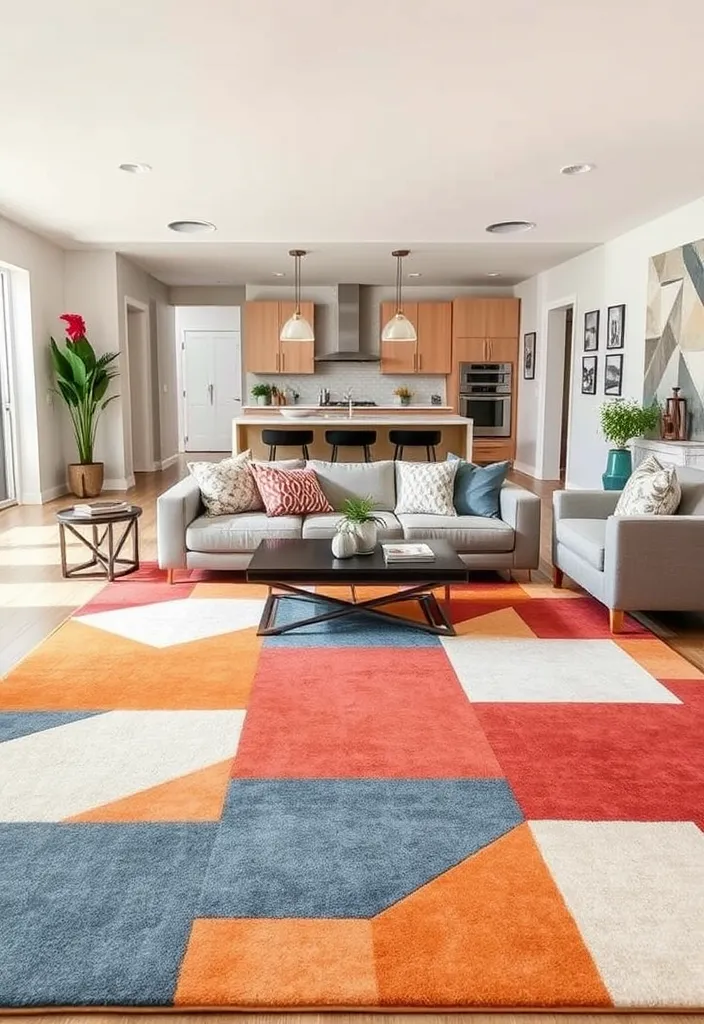 19 Open Space Living Room and Kitchen Ideas That Will Transform Your Home! - 8. Bold Area Rugs