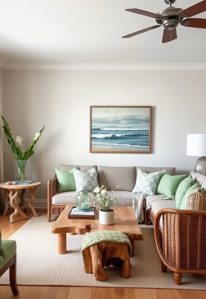 20 Brown and Green Living Room Ideas That'll Transform Your Space! - 10. Coastal Inspirations with Brown Driftwood