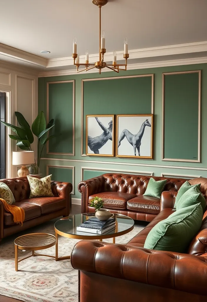 20 Brown and Green Living Room Ideas That'll Transform Your Space! - 11. Rich Textures with Brown Leather and Green Velvet
