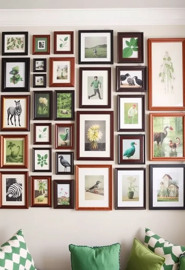 20 Brown and Green Living Room Ideas That'll Transform Your Space! - 12. Eclectic Gallery Wall with Brown Frames