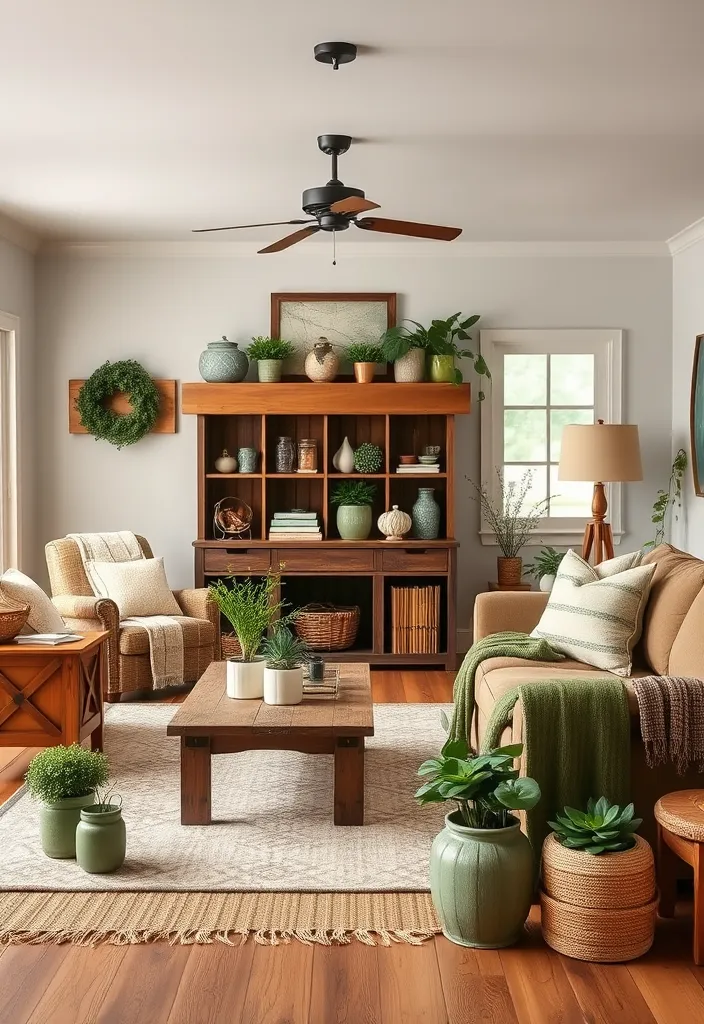20 Brown and Green Living Room Ideas That'll Transform Your Space! - 14. Farmhouse Style with Brown Wood and Green Accents