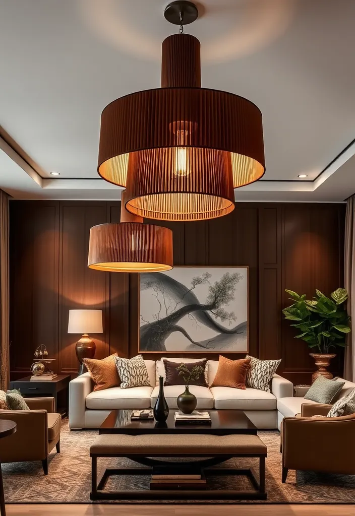 20 Brown and Green Living Room Ideas That'll Transform Your Space! - 16. Statement Lighting with Brown and Green Shades