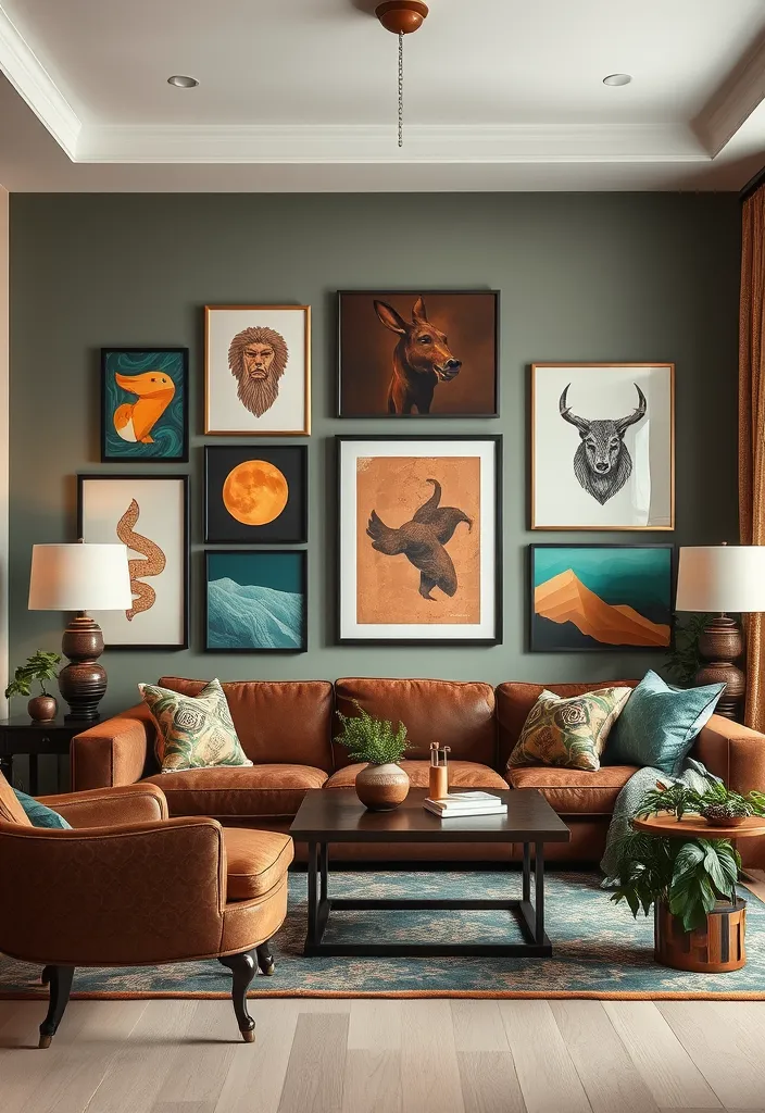 20 Brown and Green Living Room Ideas That'll Transform Your Space! - 19. Artistic Touch with Brown and Green Art Pieces