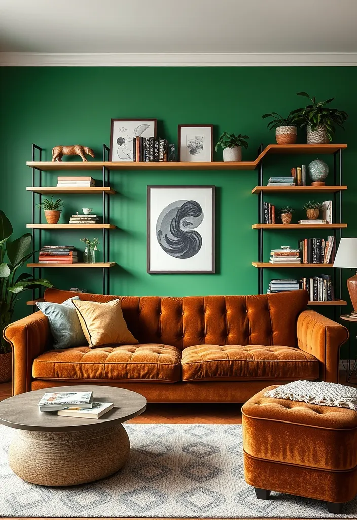 20 Brown and Green Living Room Ideas That'll Transform Your Space! - 2. Green Accent Walls with Brown Furnishings