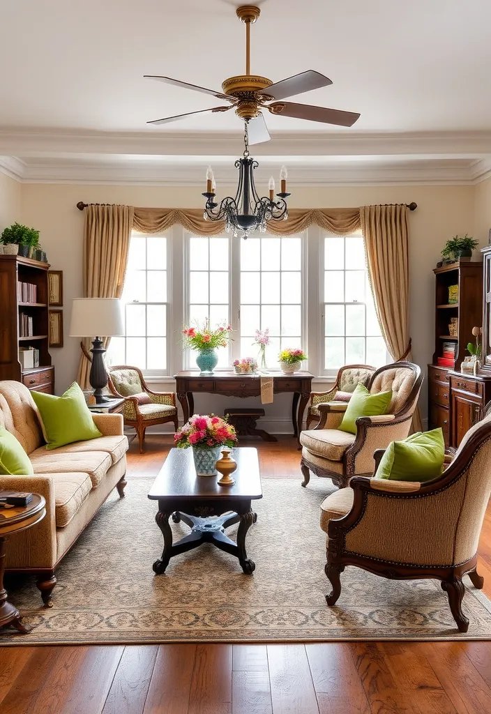 20 Brown and Green Living Room Ideas That'll Transform Your Space! - 6. Vintage Flair with Antique Brown Pieces