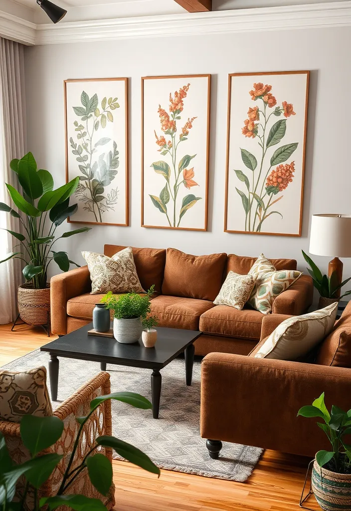 20 Brown and Green Living Room Ideas That'll Transform Your Space! - 8. Nature-Inspired with Botanical Prints