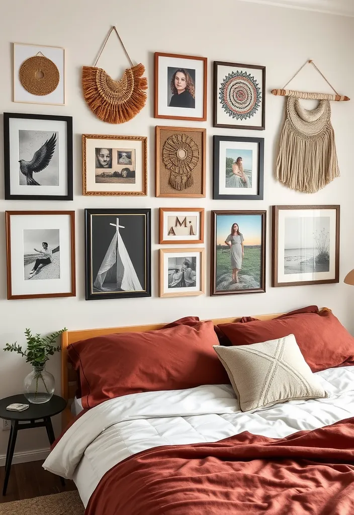 20 Cozy Bedroom Inspirations That'll Make You Want to Hibernate! - 13. Artistic Wall Decor for Personal Expression