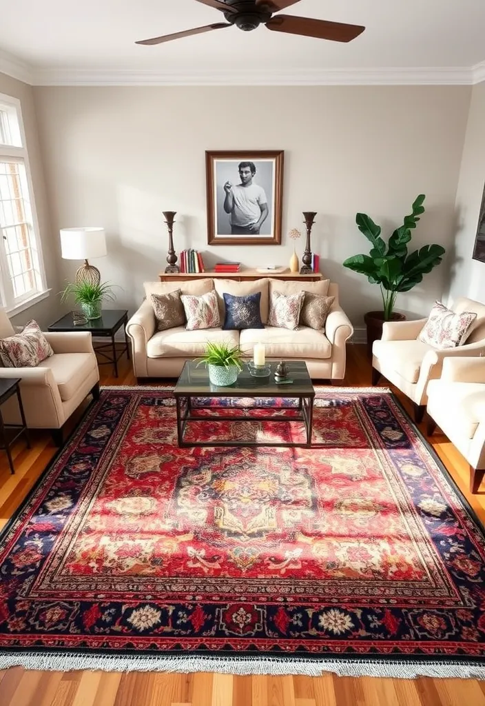 20 Cozy Living Room Ideas That'll Make You Never Want to Leave! - 3. A Statement Rug to Define the Space