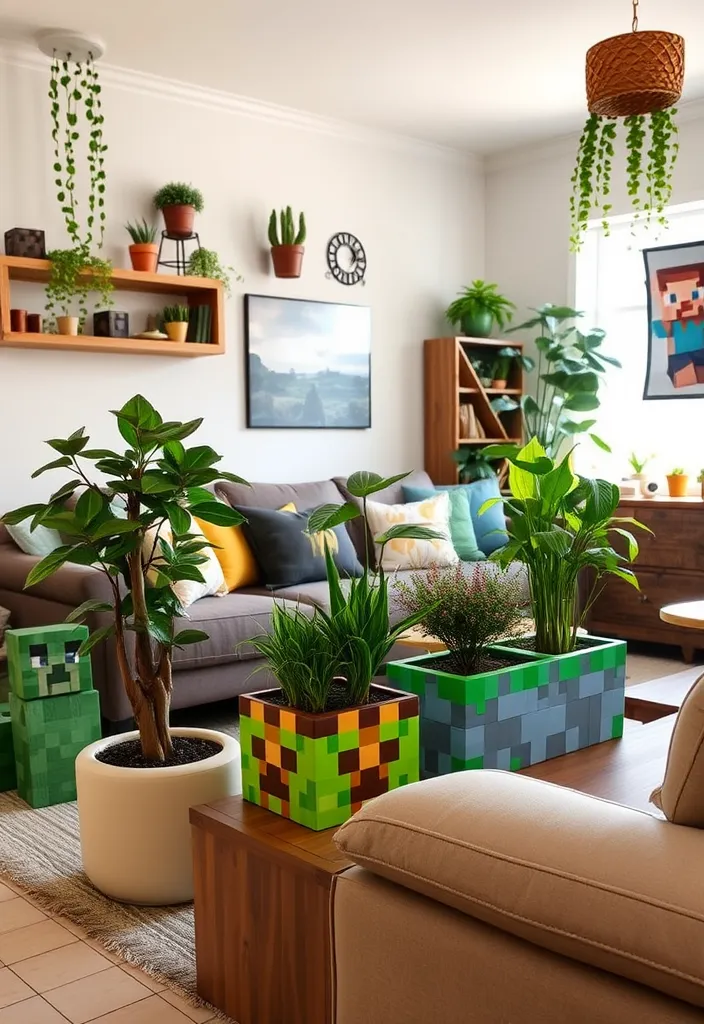 21 Minecraft Living Room Ideas That'll Transform Your Space into a Gamer's Paradise! - 11. Themed Plants and Planters