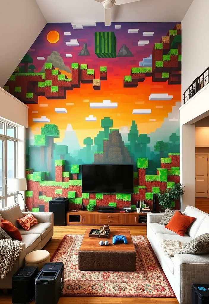 21 Minecraft Living Room Ideas That'll Transform Your Space into a Gamer's Paradise! - 14. Themed Accent Walls