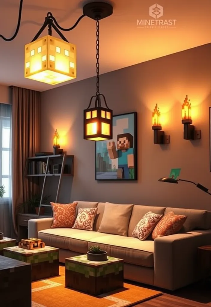 21 Minecraft Living Room Ideas That'll Transform Your Space into a Gamer's Paradise! - 4. Themed Lighting Fixtures
