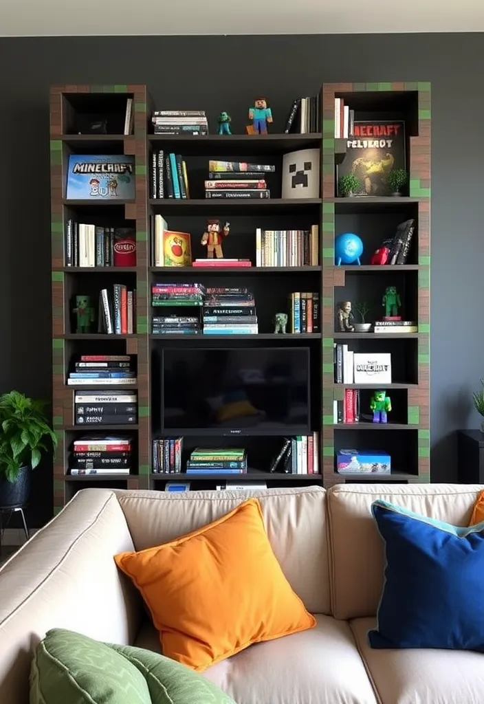 21 Minecraft Living Room Ideas That'll Transform Your Space into a Gamer's Paradise! - 5. Game-Inspired Bookshelves
