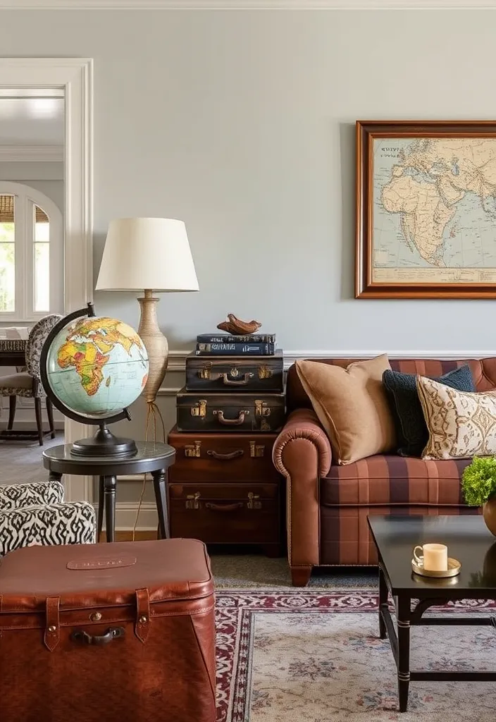 21 Old Money Living Room Ideas That Will Elevate Your Space to Luxury! - 19. Vintage Travel Elements