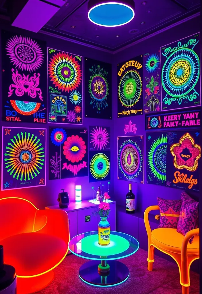 21 Poster Wall Aesthetic Ideas That'll Transform Your Space Instantly! - 16. Blacklight Reactive Art