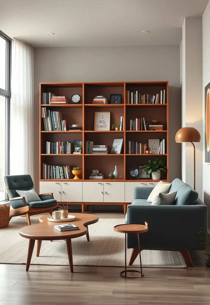 22 Bookshelves in Living Room Ideas That'll Transform Your Space Instantly! - 17. Mid-Century Modern