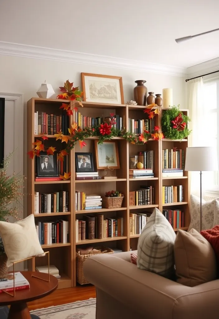 22 Bookshelves in Living Room Ideas That'll Transform Your Space Instantly! - 22. Seasonal Decor