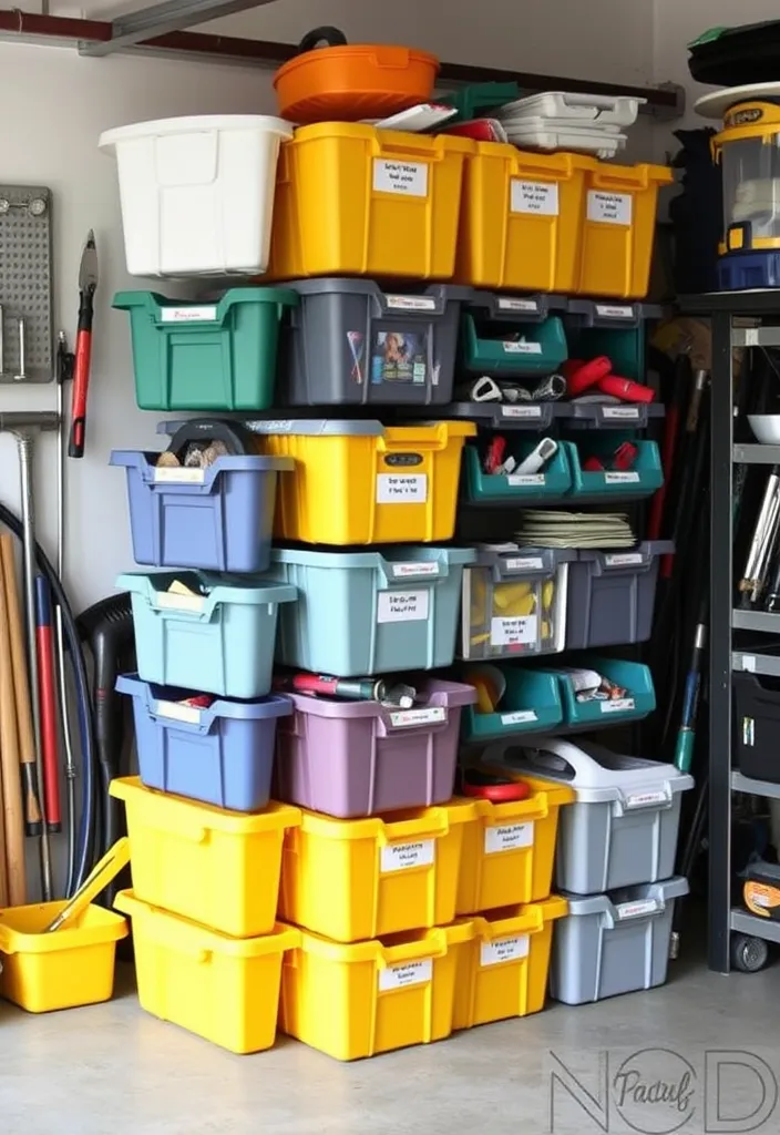 22 Space-Saving Garage Workshop Layout Ideas That Maximize Every Inch! - 17. Stackable Storage Bins