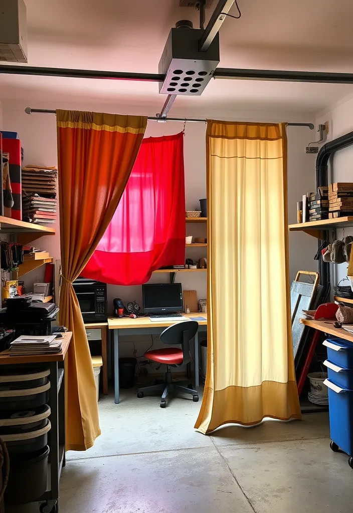 22 Space-Saving Garage Workshop Layout Ideas That Maximize Every Inch! - 18. Use of Curtains for Divide Spaces