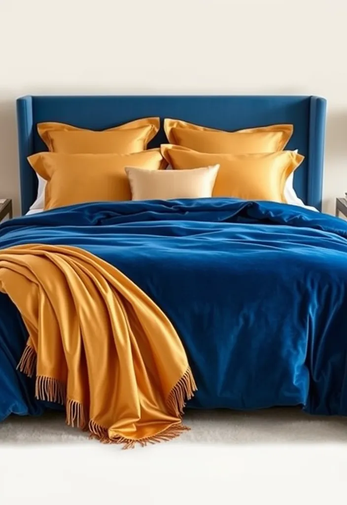 23 Blue and Gold Bedroom Ideas That'll Make You Dream of Sleeping In! - 1. Elegant Velvet Bedding