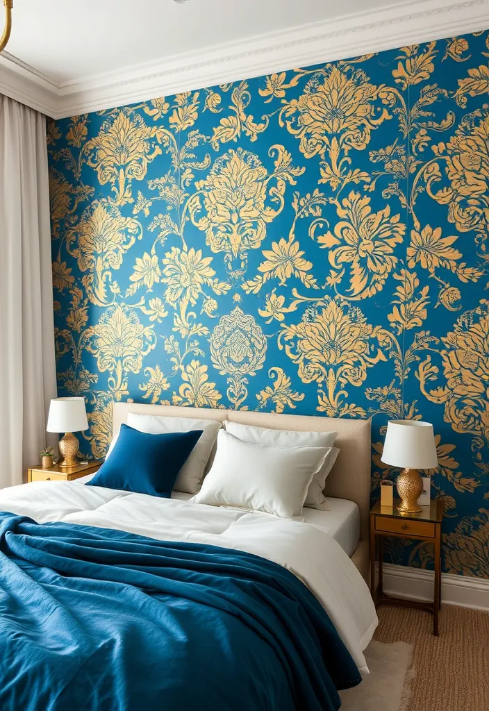 23 Blue and Gold Bedroom Ideas That'll Make You Dream of Sleeping In! - 10. Blue and Gold Wallpaper