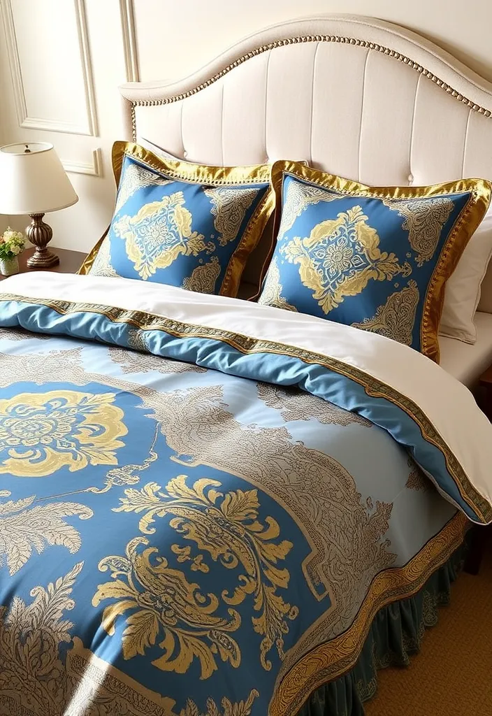 23 Blue and Gold Bedroom Ideas That'll Make You Dream of Sleeping In! - 14. Blue and Gold Bedding Sets