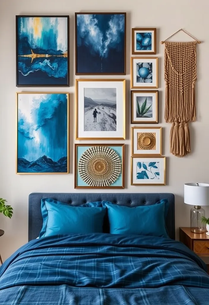 23 Blue and Gold Bedroom Ideas That'll Make You Dream of Sleeping In! - 2. Statement Wall Art