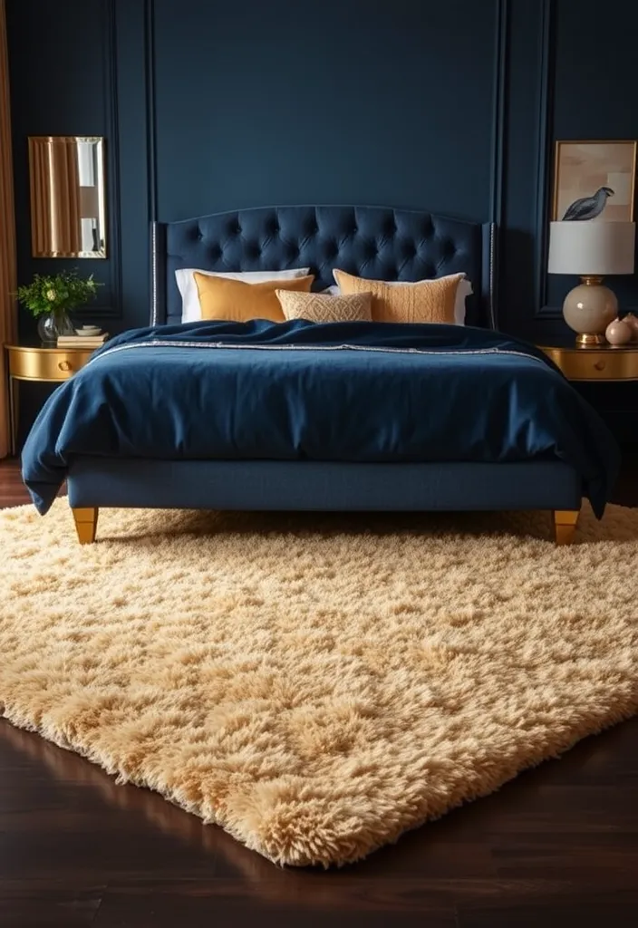 23 Blue and Gold Bedroom Ideas That'll Make You Dream of Sleeping In! - 6. Luxurious Area Rugs