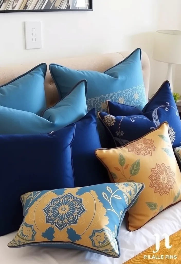 23 Blue and Gold Bedroom Ideas That'll Make You Dream of Sleeping In! - 7. Artistic Accent Pillows