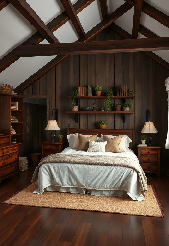 23 Enchanting Cottage Bedroom Ideas for a Dark and Cozy Escape (#5 Is a Must-See!) - 1. Dark Wood Accents