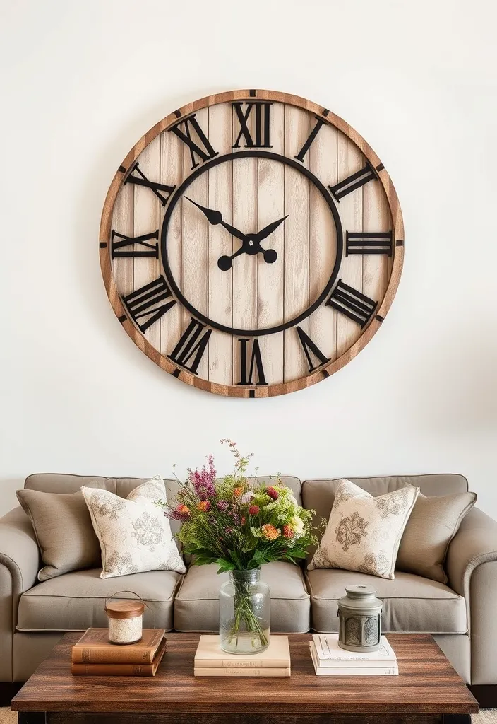23 Farmhouse Living Room Wall Decor Ideas That'll Transform Your Space! - 13. Farmhouse Clock