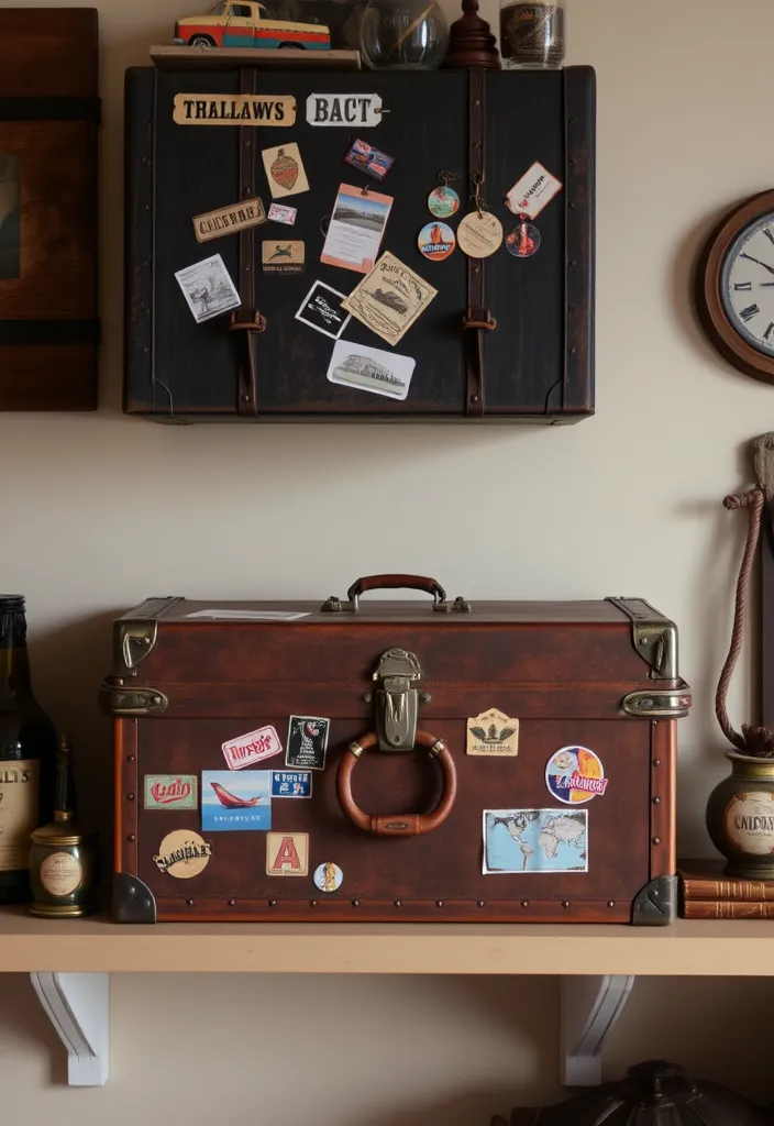 23 Farmhouse Living Room Wall Decor Ideas That'll Transform Your Space! - 16. Vintage Trunks and Suitcases