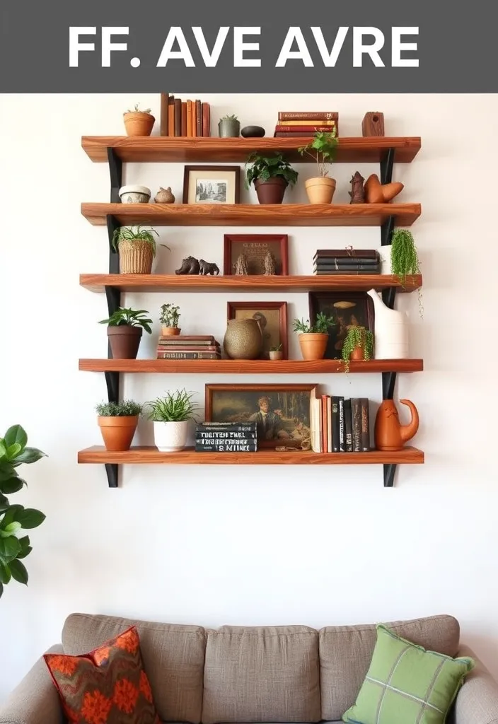 23 Farmhouse Living Room Wall Decor Ideas That'll Transform Your Space! - 5. Rustic Shelving with Decor Accents