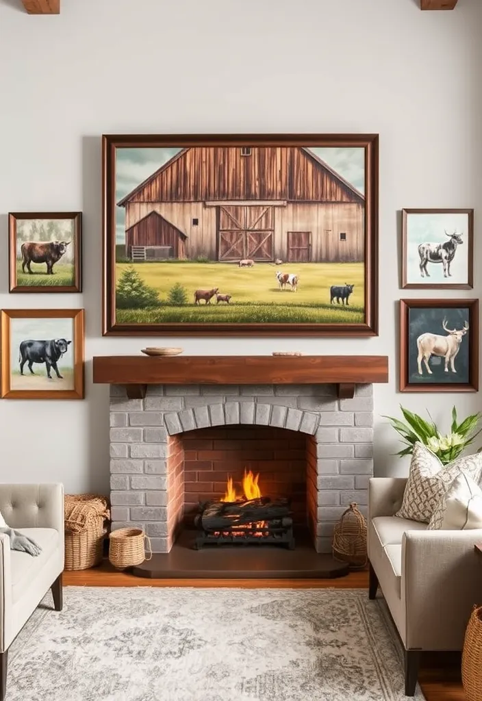 23 Farmhouse Living Room Wall Decor Ideas That'll Transform Your Space! - 7. Farm-Inspired Artwork