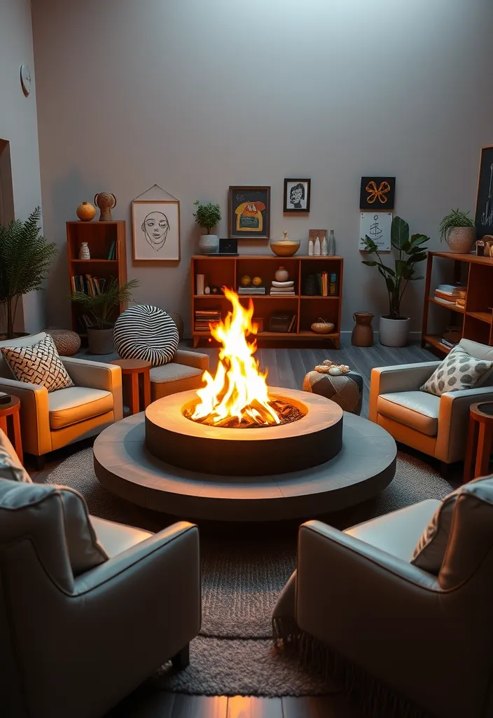 23 Living Room Fireplace Ideas That'll Make You Want to Cozy Up Right Now! - 10. Fire Pit Style Fireplace