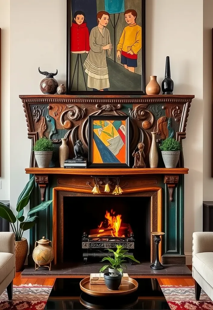 23 Living Room Fireplace Ideas That'll Make You Want to Cozy Up Right Now! - 14. Artistic Fireplace Mantel