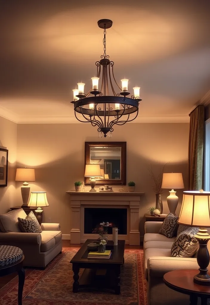 23 Modern French Country Living Room Ideas That'll Make You Want to Redecorate! - 13. Layered Lighting