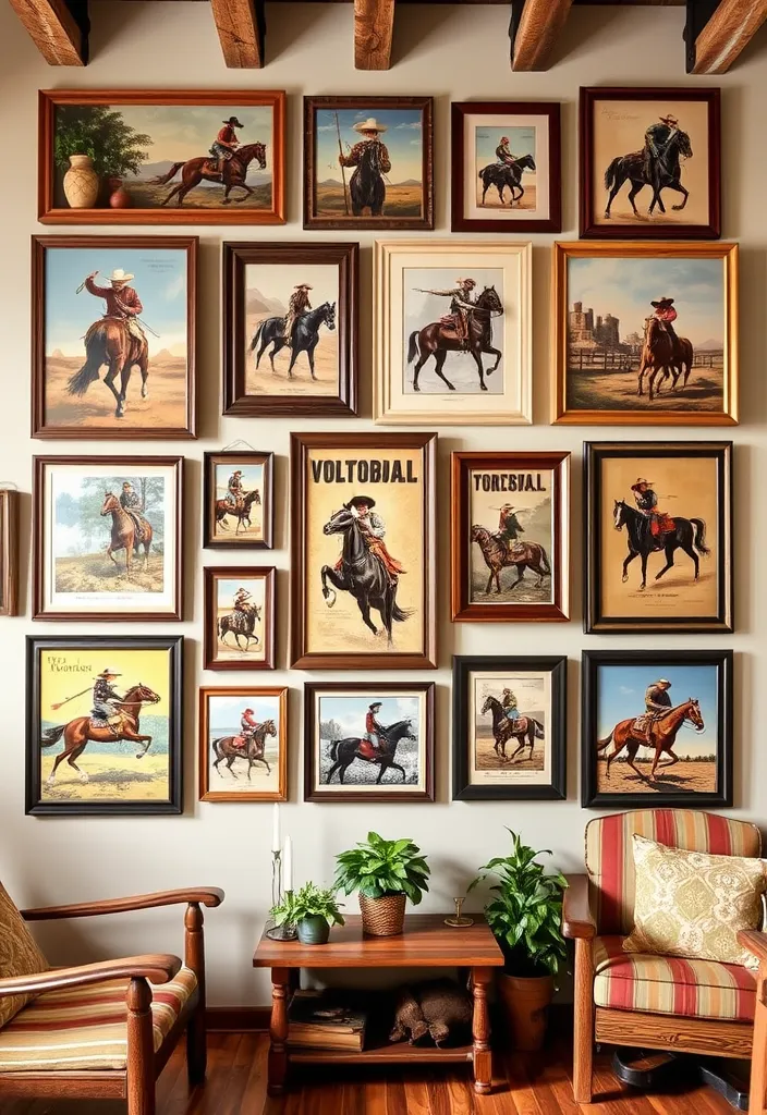 23 Western Living Room Ranch Style Ideas That'll Make You Want to Kick Up Your Boots! - 5. Vintage Western Artwork
