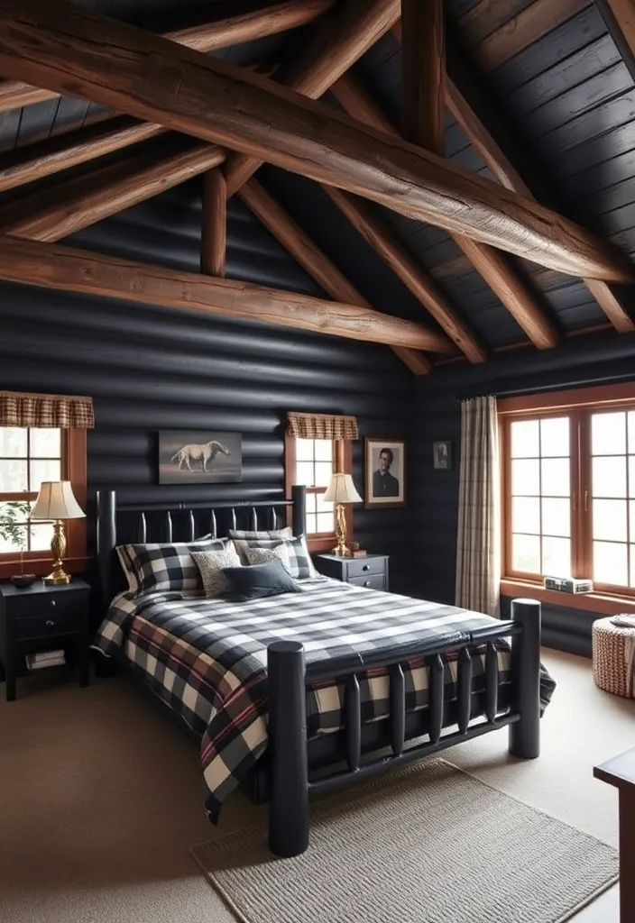 24 Black Bedroom Aesthetic Ideas That'll Transform Your Space Into a Dreamy Retreat! - 12. Cozy Cabin Retreat