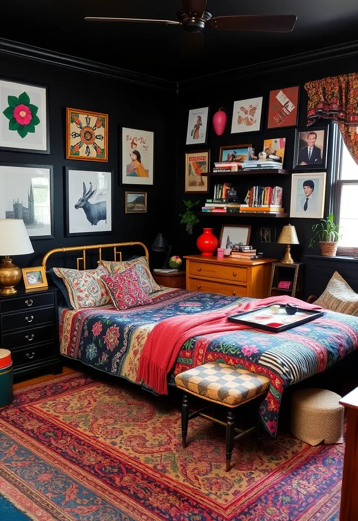 24 Black Bedroom Aesthetic Ideas That'll Transform Your Space Into a Dreamy Retreat! - 13. Eclectic Style