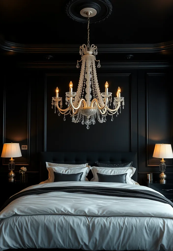 24 Black Bedroom Aesthetic Ideas That'll Transform Your Space Into a Dreamy Retreat! - 15. Elegant Lighting