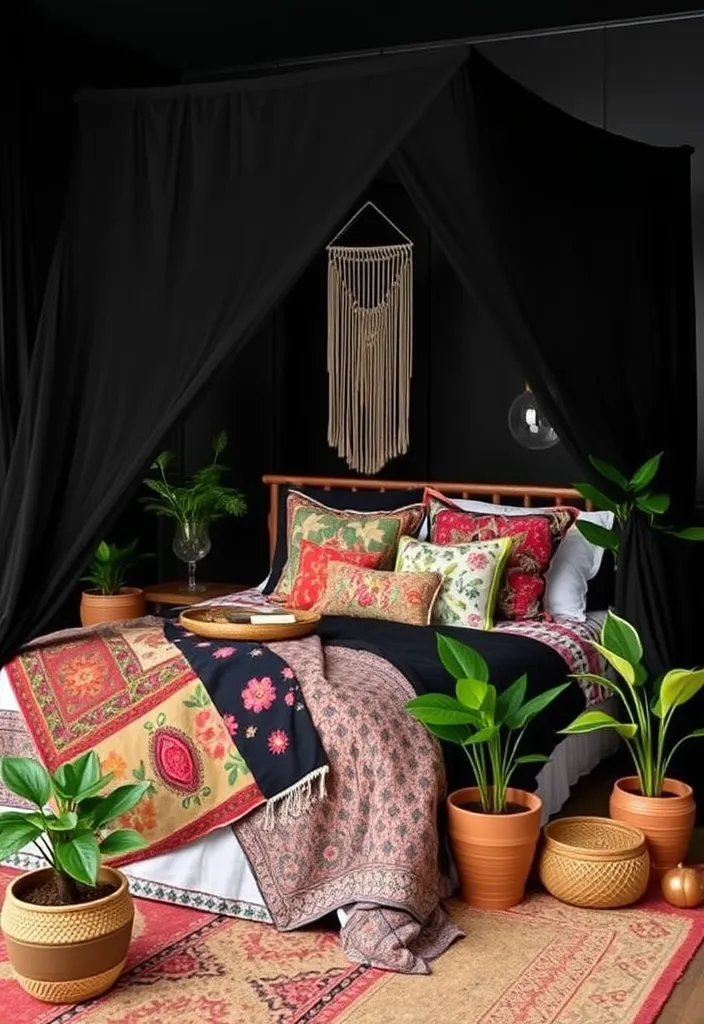 24 Black Bedroom Aesthetic Ideas That'll Transform Your Space Into a Dreamy Retreat! - 2. Bohemian Black Bliss