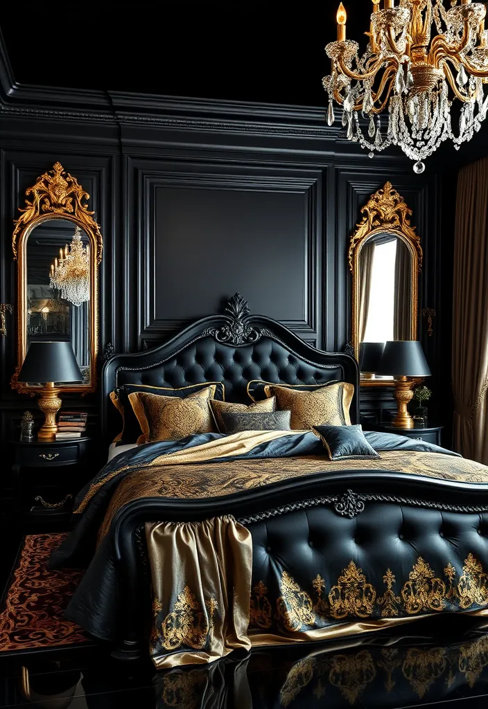 24 Black Bedroom Aesthetic Ideas That'll Transform Your Space Into a Dreamy Retreat! - 4. Glamorous Black Accents