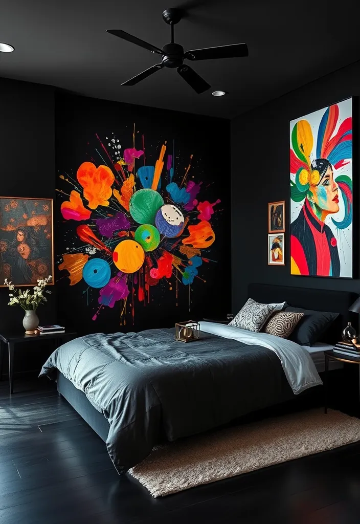 24 Black Bedroom Aesthetic Ideas That'll Transform Your Space Into a Dreamy Retreat! - 6. Artistic Black Walls