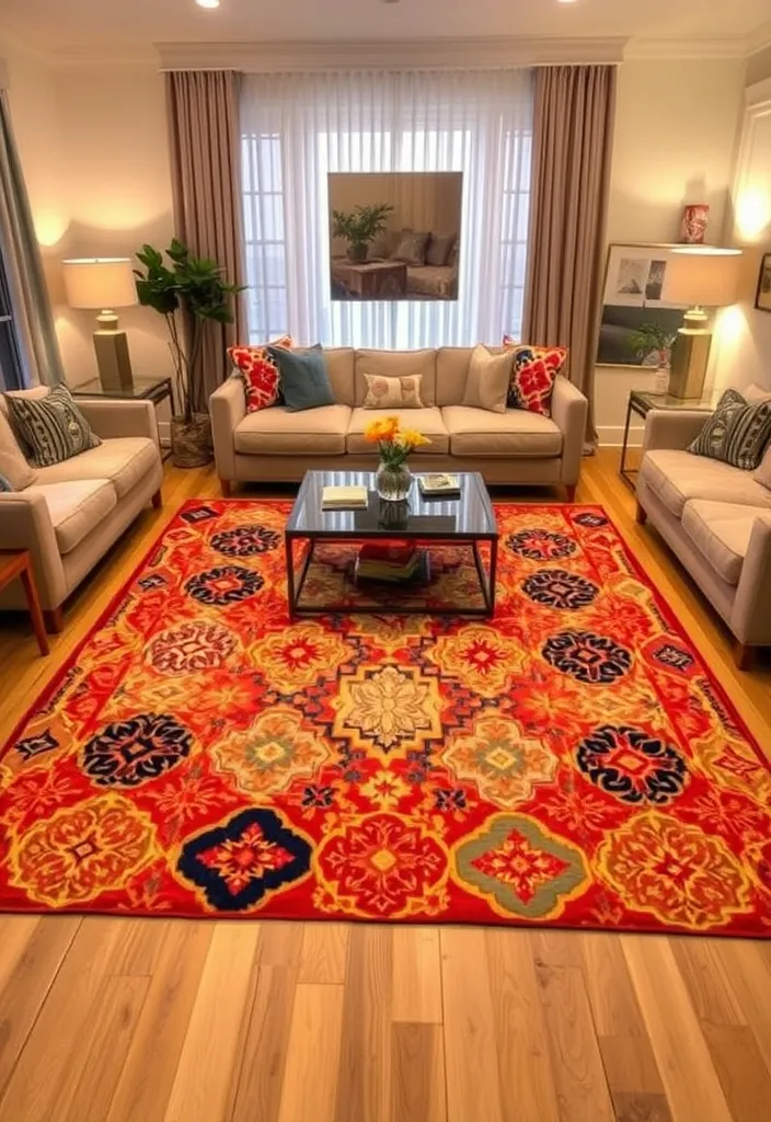 24 Comfy Living Room Ideas That'll Make You Want to Snuggle Up Right Now! - 5. Statement Rugs