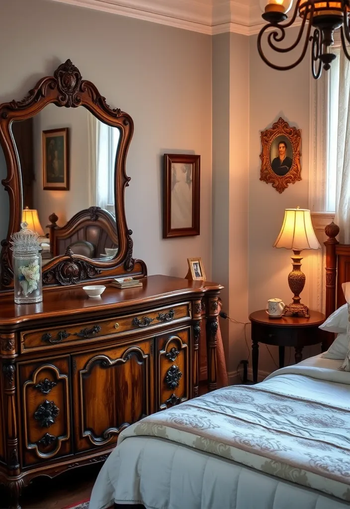24 Cozy Apartment Bedroom Ideas That'll Make You Want to Snuggle Right In! - 11. Vintage Charm with Antiques